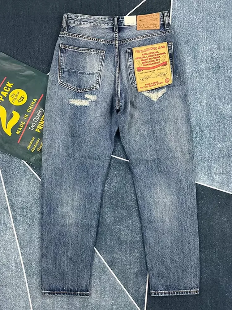 

Heavyweight Pure Cotton Men's Jeans Spring Autumn Loose Straight Leg Distred Long Trousers American Casual Retro Trend