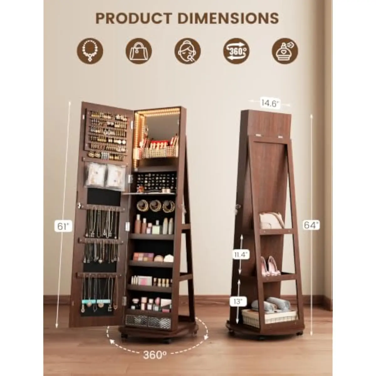 Full-length rotating jewelry cabinet with 3-color LED mirror 108 earring slots 36 ring holders 36 necklace hooks velvet interior