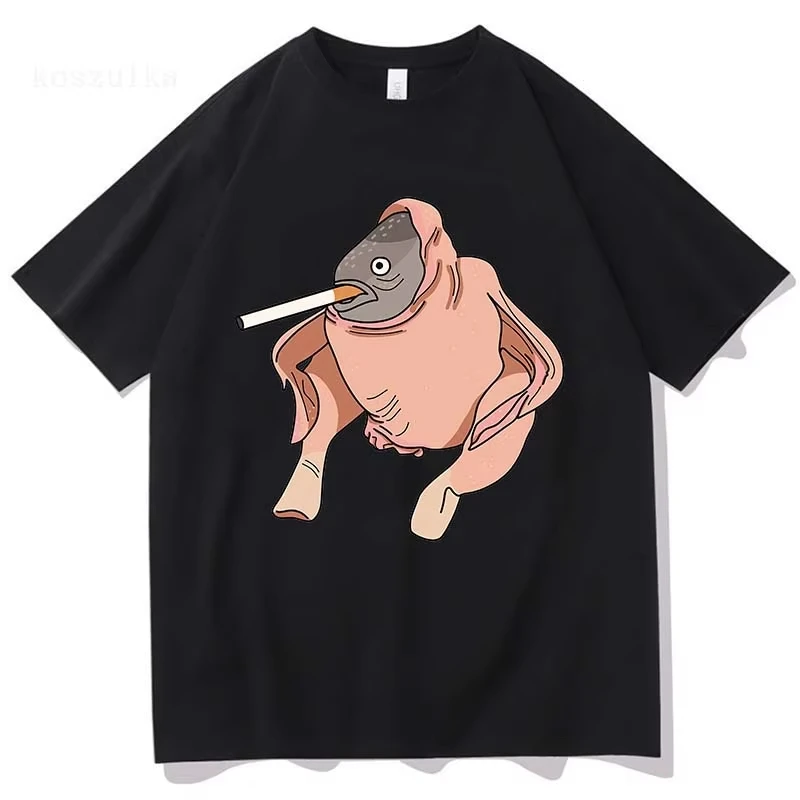 Fish Chicken Smoking A Cigarette Funny Meme T-shirt Cartoon Printed Tshirt for Men/Women Cotton Soft High Quality Tee-shirt Male