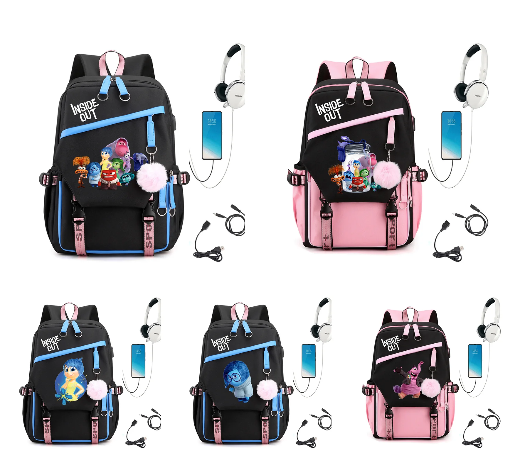 

Inside Out USB Charging Schoolbag Male and Female Student Laptop Backpack Large Capacity School Bag Mochila