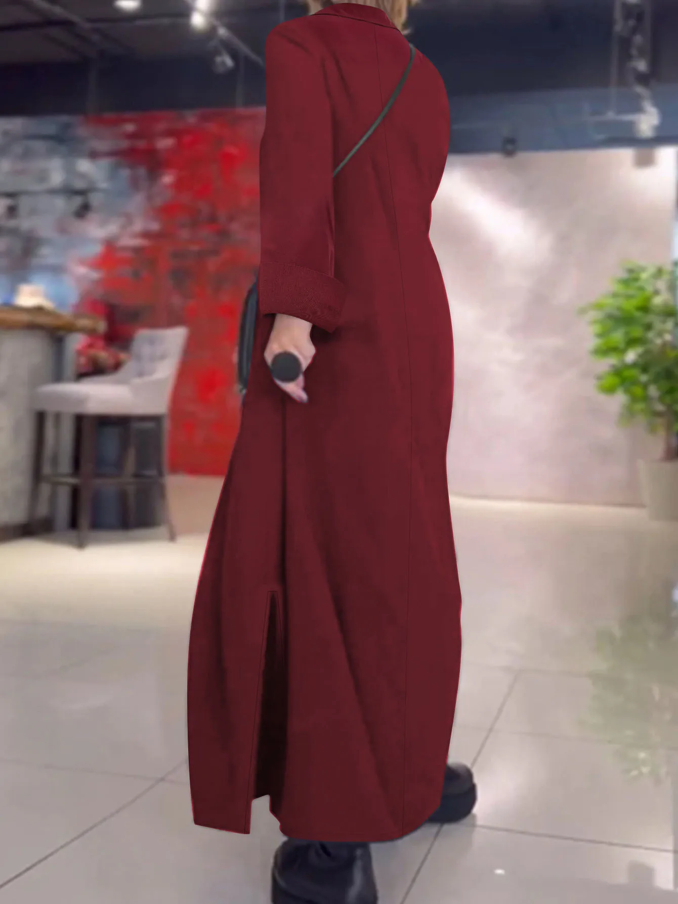 فستان ماكسي أوروبي وأمريكي عبر الحدود وبسيط وأنيق بلون سادة وياقة بولو للخريف والشتاء بأكمام طويلة على شكل حرف V #6