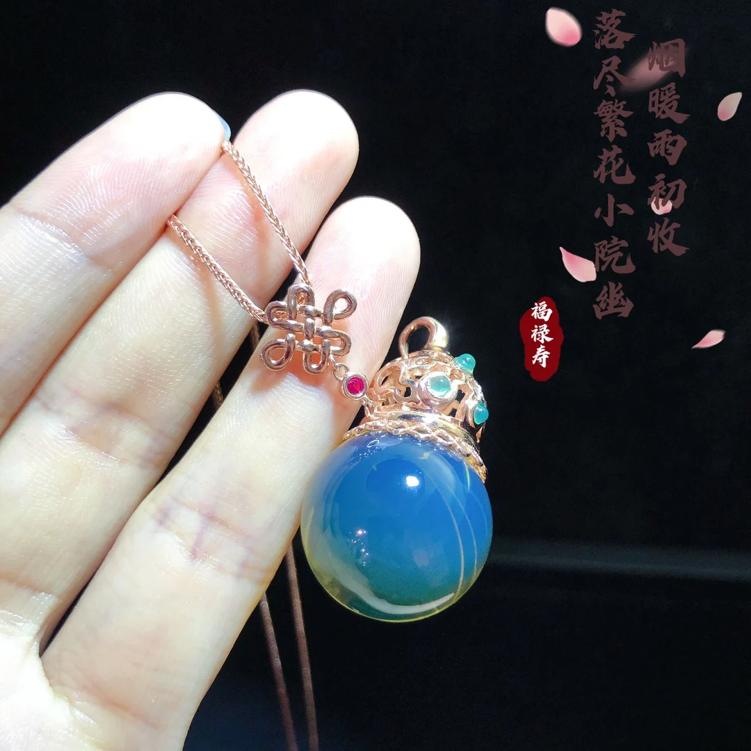 Pingente exclusivo em formato de garrafa de vinho, corrente de prata banhada a ouro com pedra âmbar azul natural de 20 mm, presente perfeito para mulheres