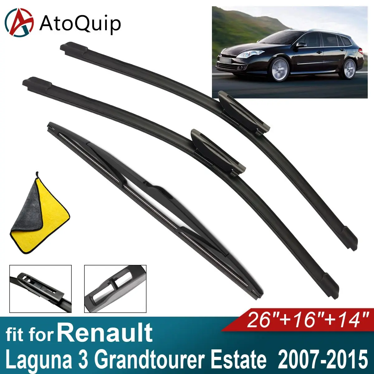 Lâminas do limpador do pára-brisa do carro, lâminas dianteiras automáticas, ajustadas para Renault Laguna 3, Grandtour Estate, limpador traseiro, 2011, 2012, 2013, 2014, 2015