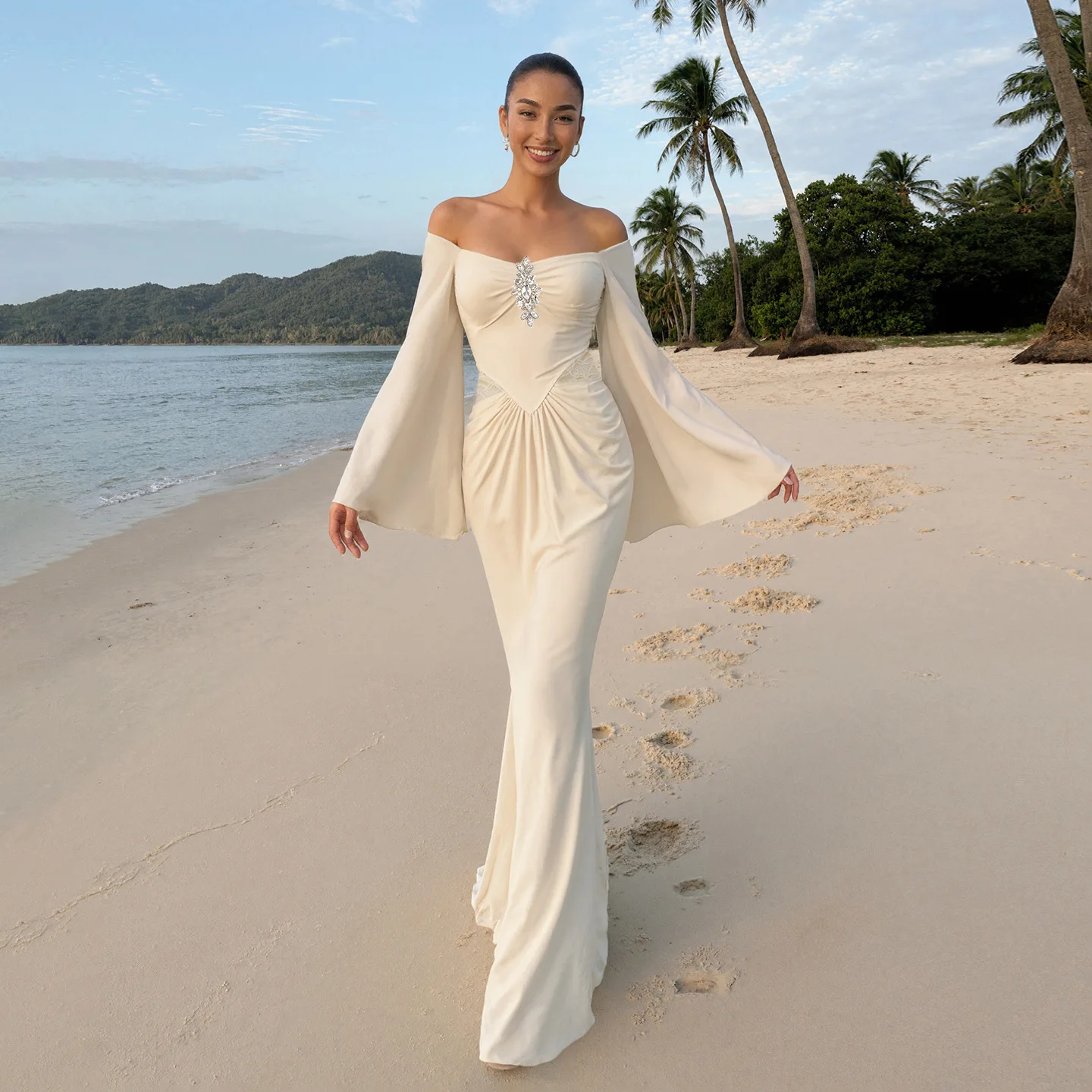 

Women's Elegant Off Shoulder Flare Sleeve High Waist Slim Fit Party Maxi Dress Fashion Pure Desire Luxury Long Dress