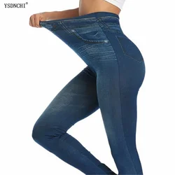 YSDNCHI 가짜 데님 청바지 원활한 높은 허리 패션 Jeggings 피트 니스 슬림 여성 레깅스 연필 바지 탄성 바지를 밀어