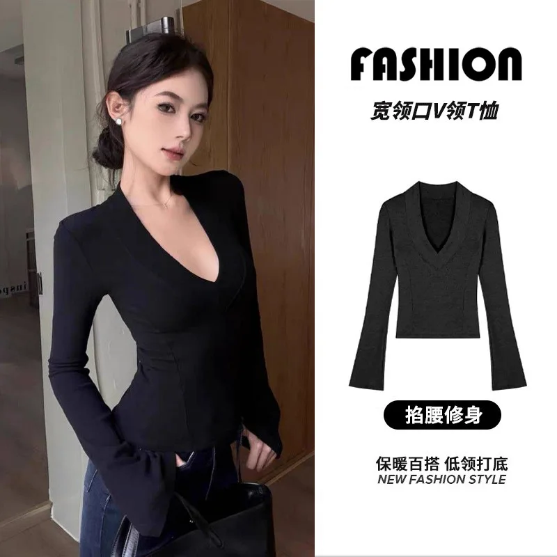 

Осенне-зимняя рубашка с большим v-образным вырезом и начесом, женская тонкая футболка с рукавами-колокольчиками и длинными рукавами