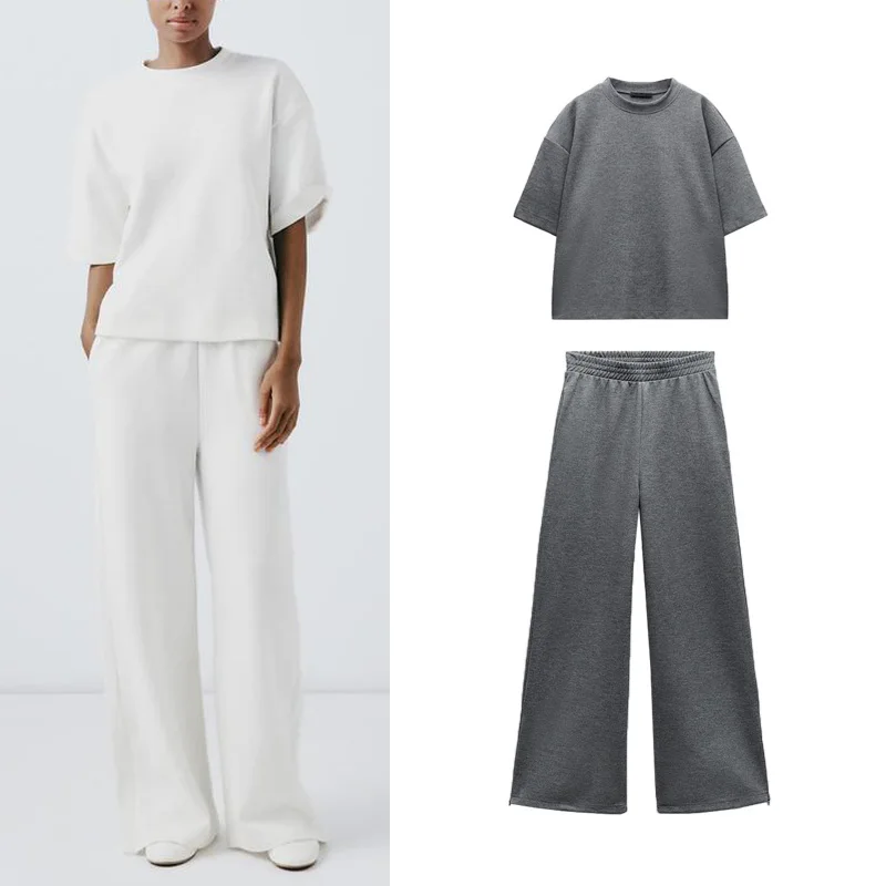 

Spring New Arrival Double-Sided Fabric ort-Sve T-irt Elastic Waist Straight Leg Pants Faion Set for Women