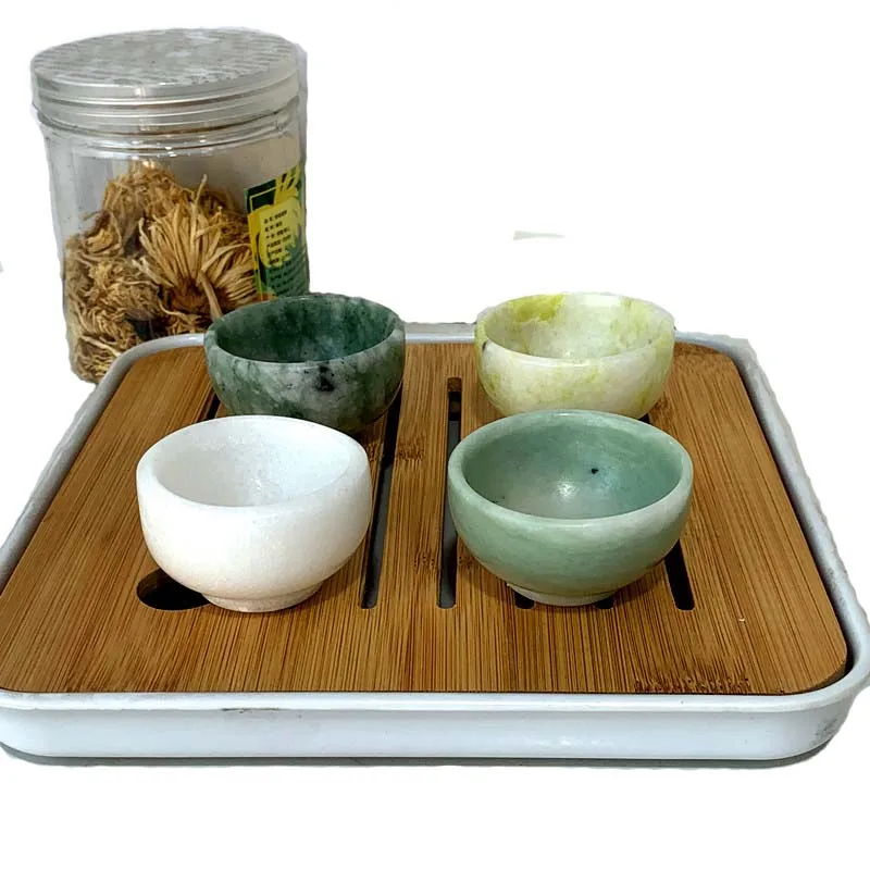 2 pçs pedra natural jade cristal escultura tigela decoração para casa e ornamentos de mesa de chá minerales suplemento de energia
