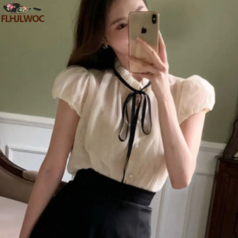 2023 Hot Bow Tie Tops Women Korean Style Japan Design Short Sleeve Elegant Office Lady Cute Ribbon Sweet Basic Shirts Blouses