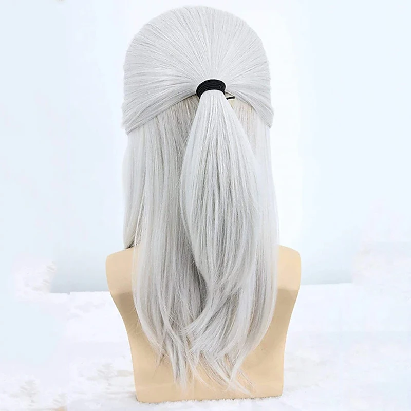 HAIRJOY Prata Branco Geralt de Rivia Cosplay Peruca Longa Reta Perucas Traje Sintético Cabelo Calor Fibra Resistente