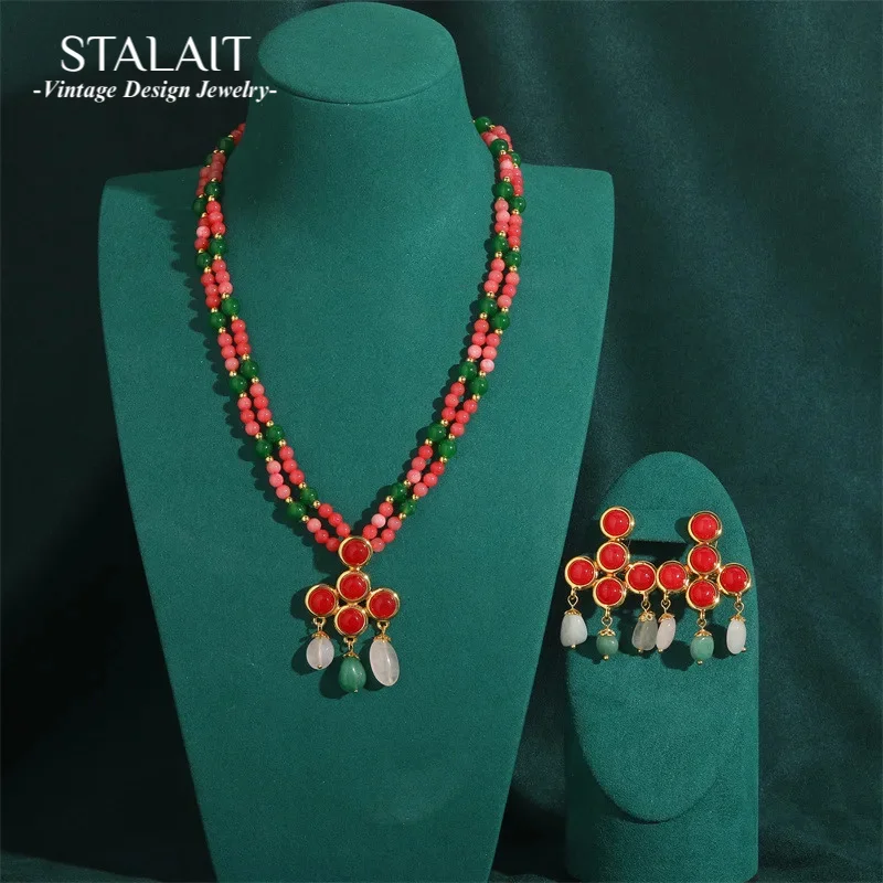 

Розовое женское ожерелье в французском стиле рококо, красный комплект ювелирных изделий, натуральное стекло, капли воды, кисточки, бусины ручной работы, цепочка, серьги-нитки