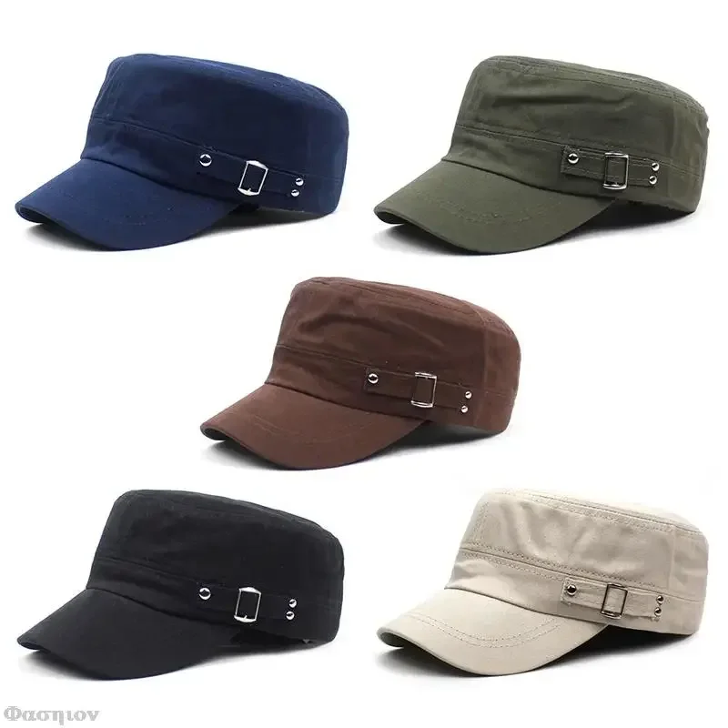 Army Cap Men Women Pure Color Washed Cotton Flat Top Cap Summer Autumn Adjustable Chapeau Visor Hat