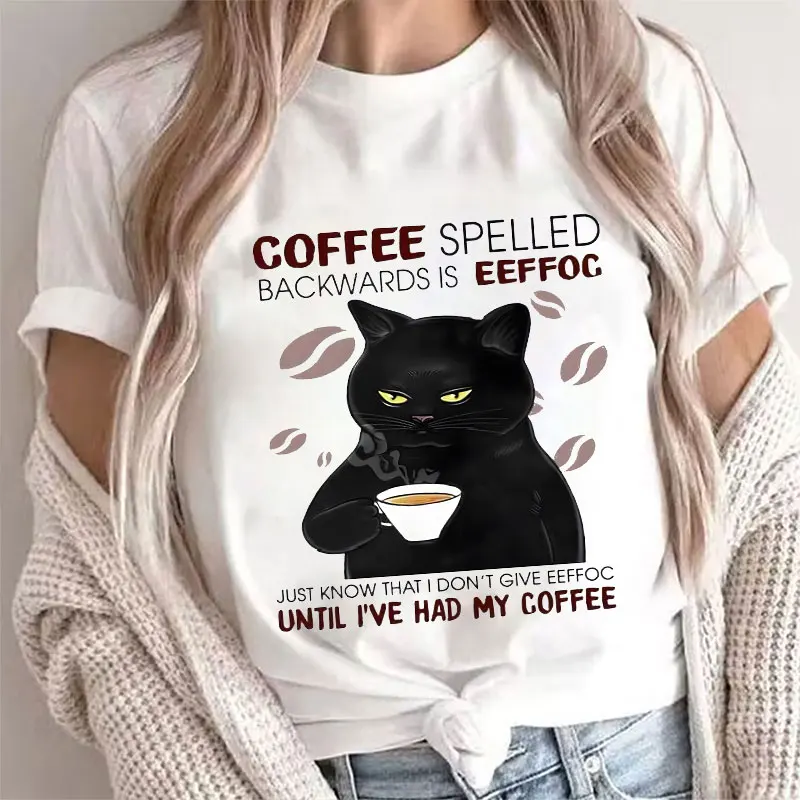 Coffee Spelled Backwards Cat Women T-shirt Funny Cute Graphic Tees Summer Unisex O Ncek Fashion Graphic Y2k Tops Female Clothing