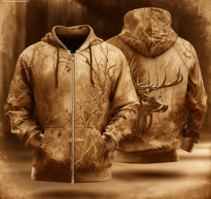 Camo cervos zip up jaqueta moletom moda diária com capuz férias caça marrom verde cordão zíper outono inverno hoodie