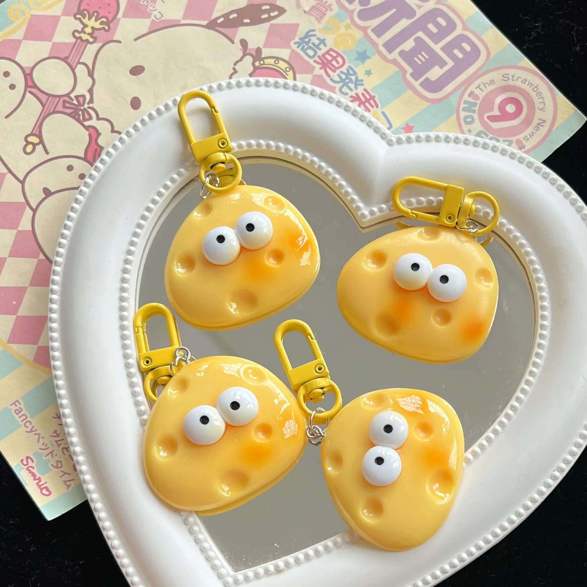 Cute Large Eyes Cheese Cheese Keychain Cream Yellow Soft Cute School Bag Pendant Girl Mood Couple Best Friend Gift