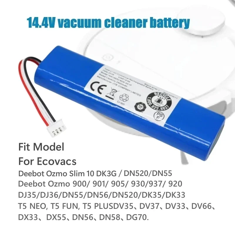 بطارية مفرغة 14.4 فولت 3500 مللي أمبير في الساعة لـ Ecovacs Deebot DJ35، DJ36، DN55، DN520، DK35، DK36، DK520، Deebot Ozmo Slim 10 DK3G، DN55، DN52