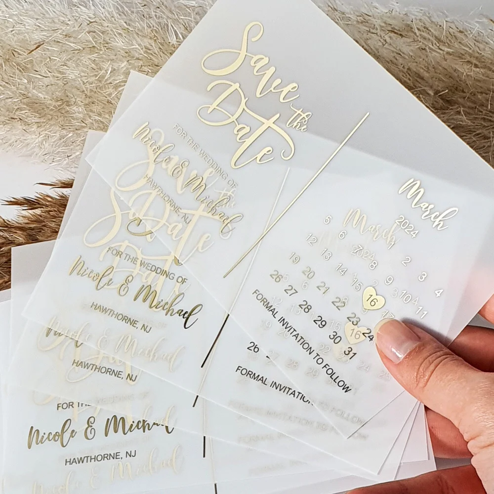 Gold Foil Calendar Luxury Wedding Invitation Couple\'s Name Custom Elegant Party Invite Save The Date Card  Vellum