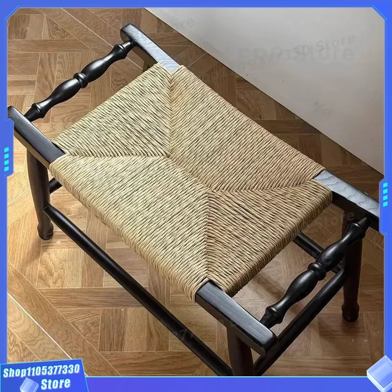 Black French Low Stool Solid Wood Rattan Shoe Changing Bench Wabi Sabi Style Small Porch Entrance Seat Medieval Bedside