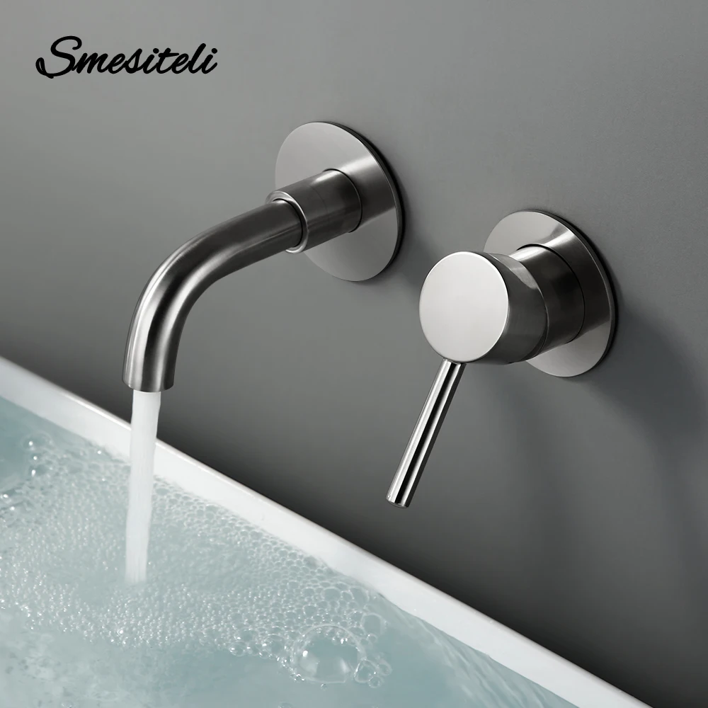 Imagem -02 - Torneira de Pia de Níquel Escovado Montado na Parede Smesiteli Bico de Rotação de 360 Graus Uma Alça Desvio do Banheiro Torneiras Misturadoras