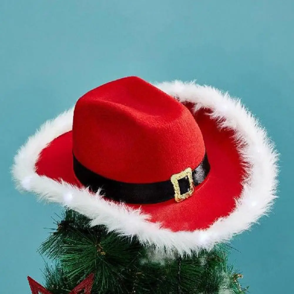 Christmas Themed Headwear Western Cowboy Hat Festive Cowboy Hat with White Fluff Edge for Christmas Party Western for Men