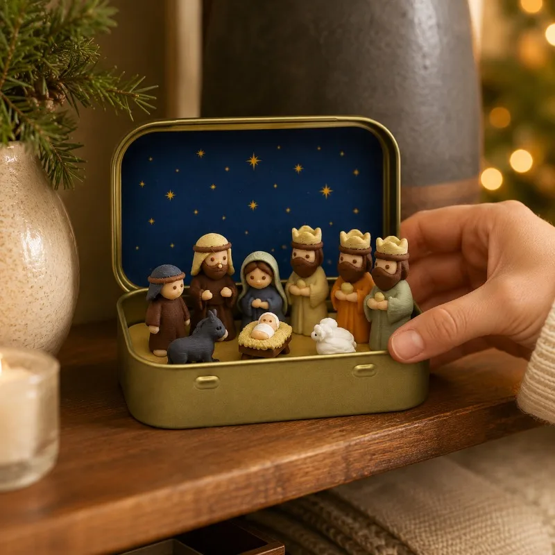 Mini Pocket Nativity Figurine Set, Portable Christian Christmas Desktop Ornament with Metal Box, Holiday Souvenir