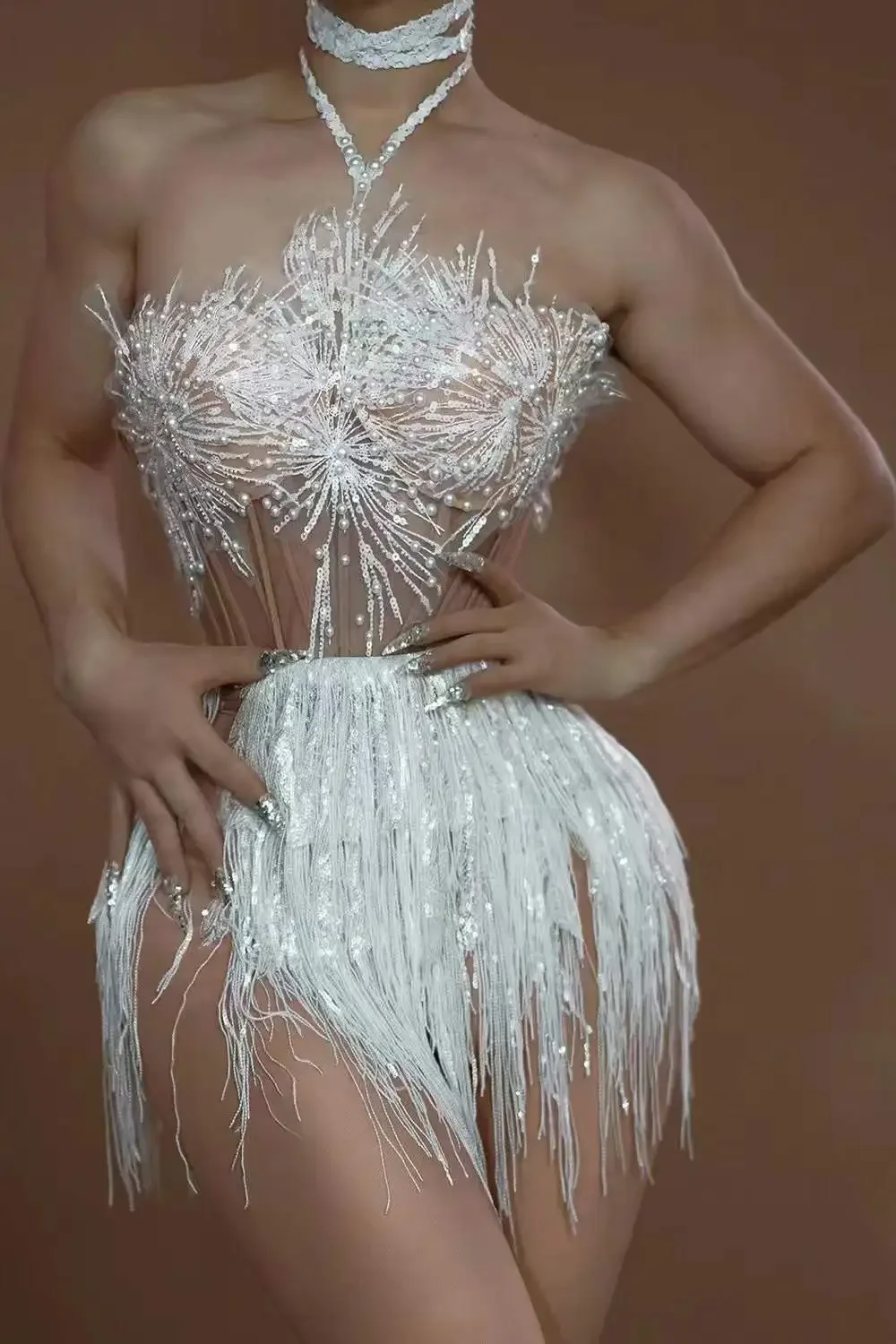 

Women White Snow Sheer Backless 2 Pcs Set Dress Dance Outfit Fringe Pearls Stage Costume