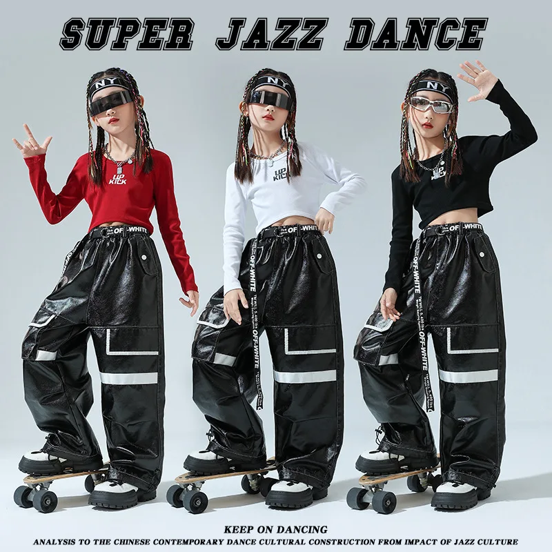 Kid Cool Hip Hop Clothing White Motorcycle Crop Shirt Jacket Top Black Casual Cargo Pants for Girls Jazz Dance Costumes Clothes