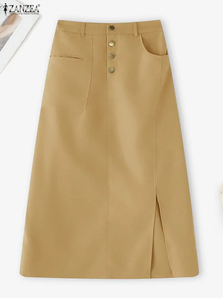 

2025 ZANZEA Fashion Women Long Skirts Sexy Split Streetwear Bottoms Autumn Pockets Solid Casual Loose Jupes Faldas Saia Femme