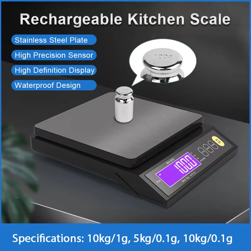 Balança de cozinha recarregável, 5kg/10kg, totalmente à prova d'água, display lcd, aço inoxidável, balança eletrônica, pesagem doméstica, ferramenta de cozimento