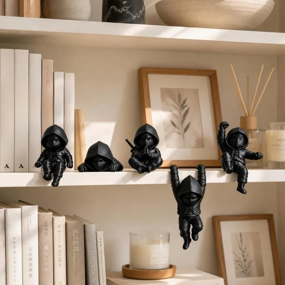 5 pcs Cute 3D Printing Ninja Ornaments Hanging Decor Funny Hooded Man Figure Mini Five Action Postures Ninja Statue Desk