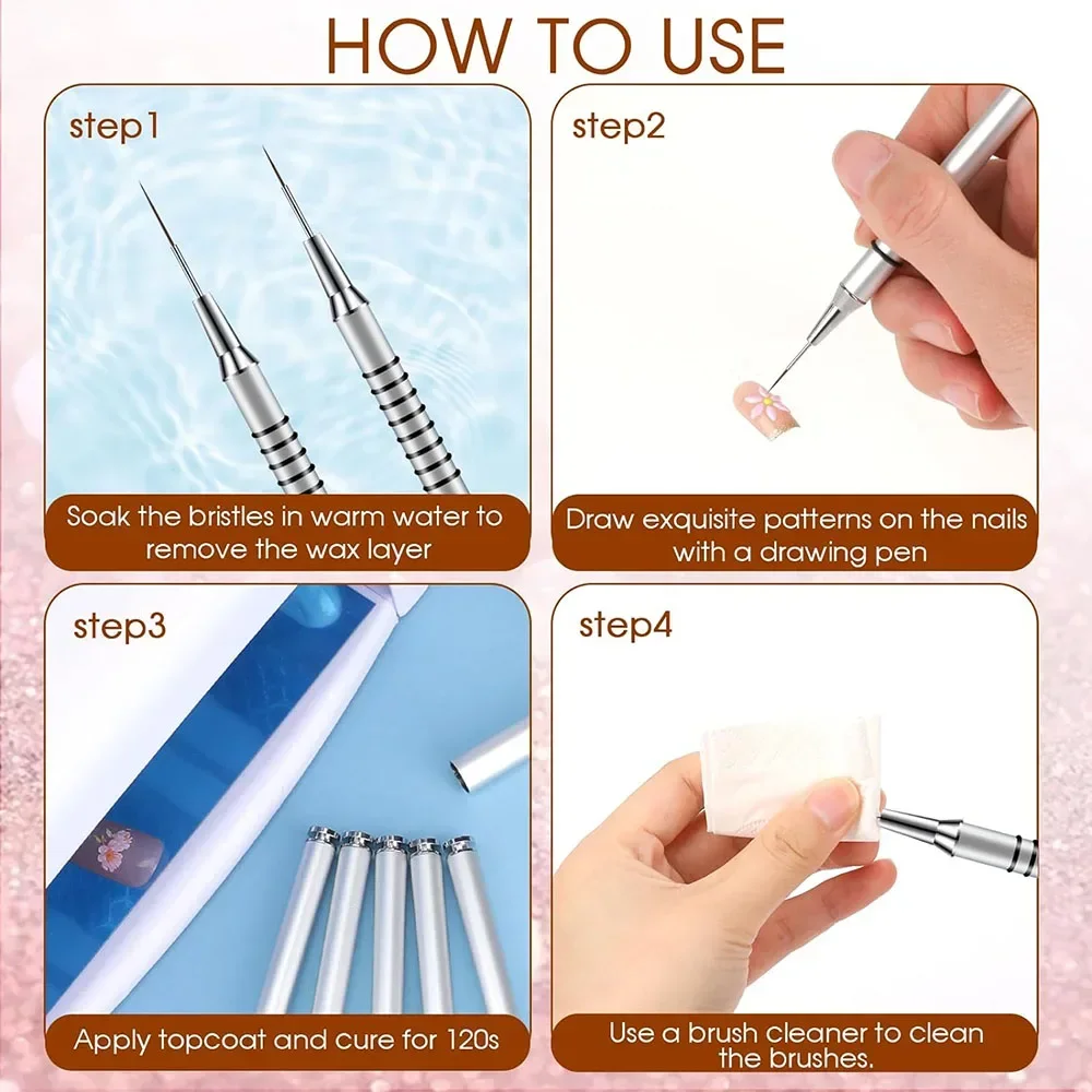 Juego de pinceles para delineador de uñas de 6 tamaños: herramienta de punteado y dibujo de 5-25 mm para líneas finas y detalles de bolígrafos de manicura