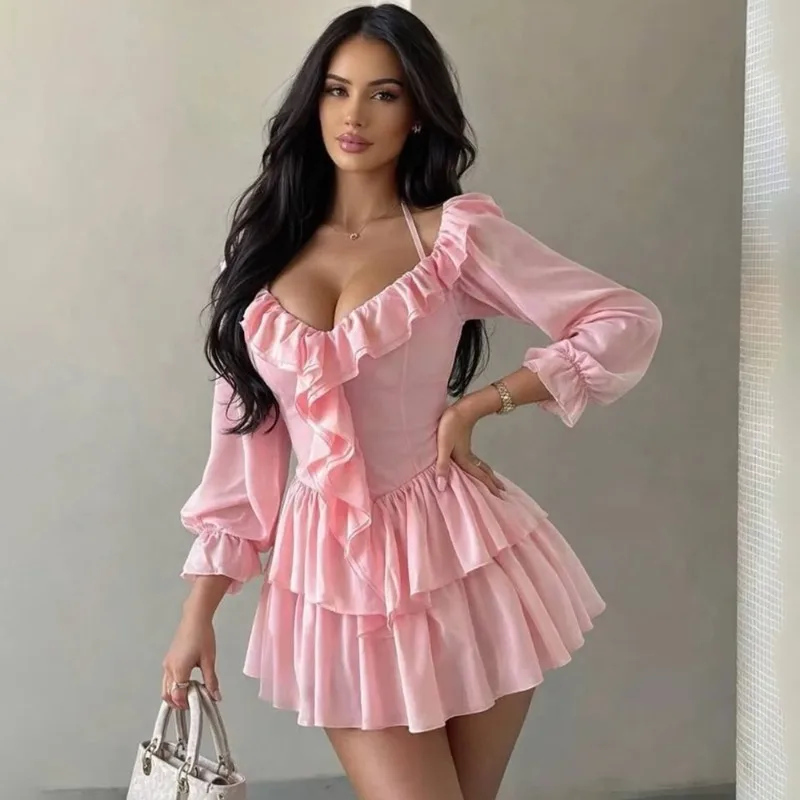 

Talenza Pink Ruffle Mini Dress Women's Summer Sexy Backless Pleated Patchwork New Dress Sexy Fashion Elegant Party Women's Dress