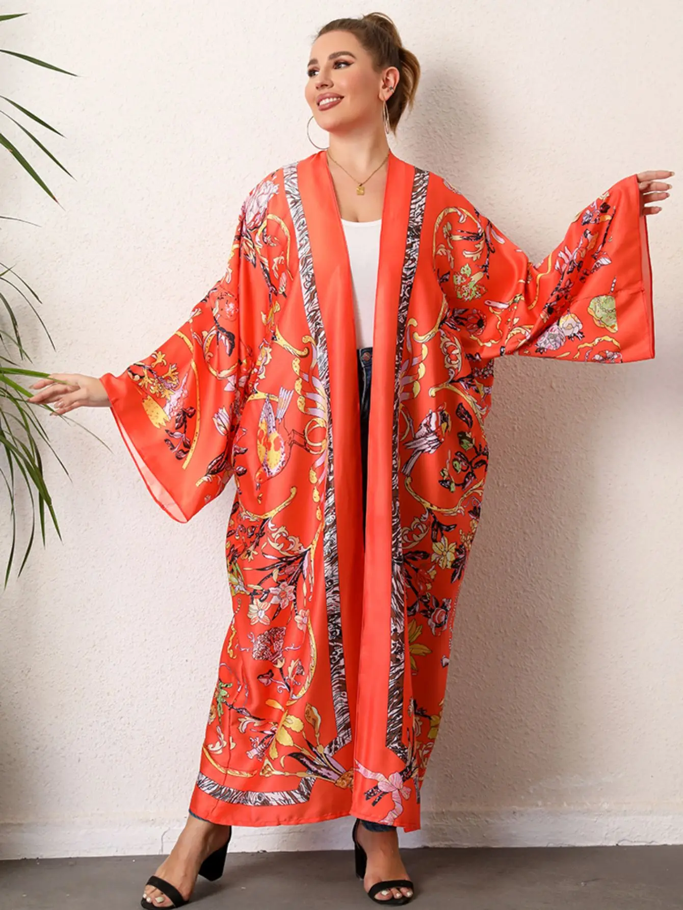 Plus rozmiar Boho Kimono damskie Plus tropikalny nadruk kontrastowe wiązanie z długim rękawem z przodu luźna Kimono plażowe