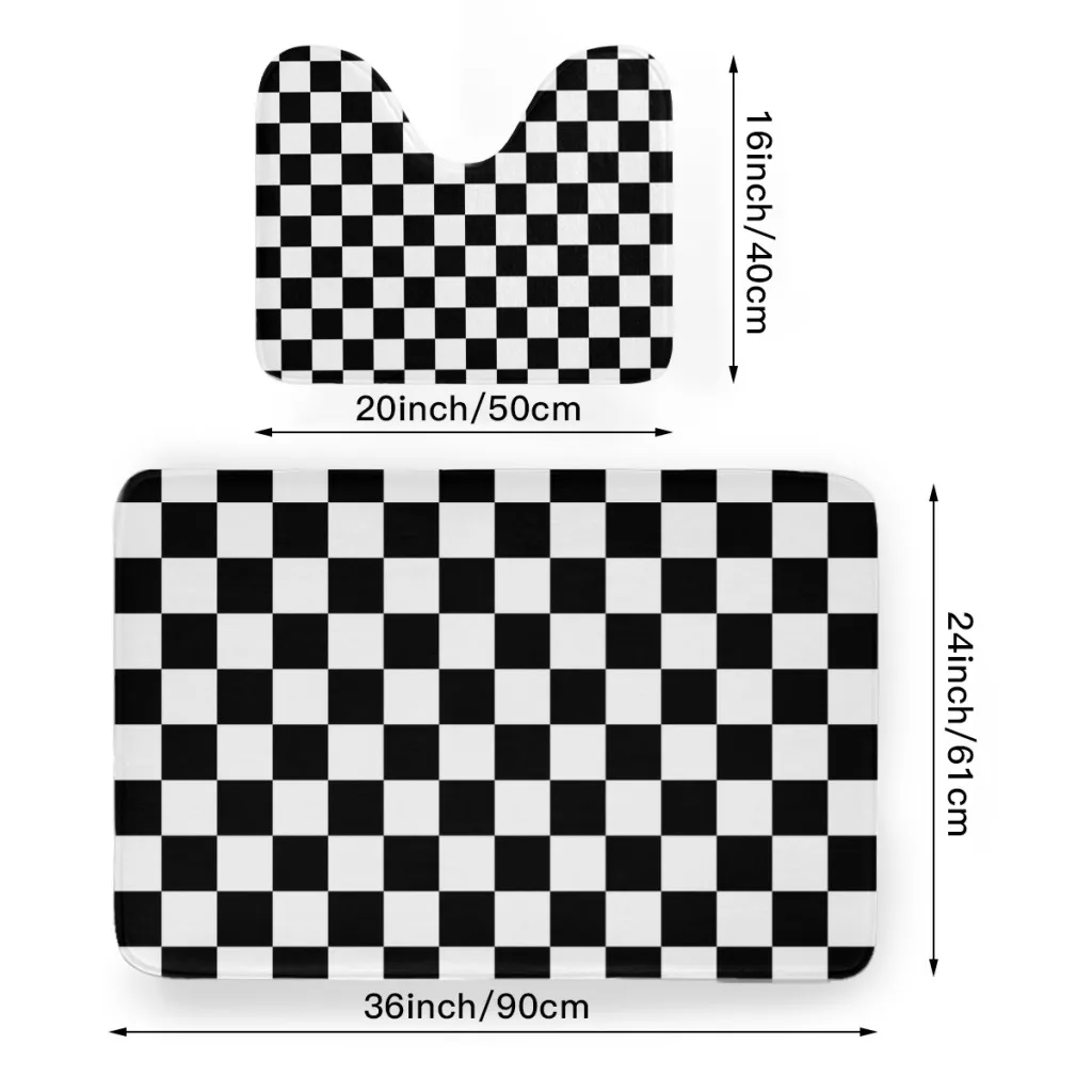 2 Pieces Bathroom Rug Set (Toilet Mat,Carpet) Black and White Grids Durable Ultra Soft Non-Slip Washable Absorbent