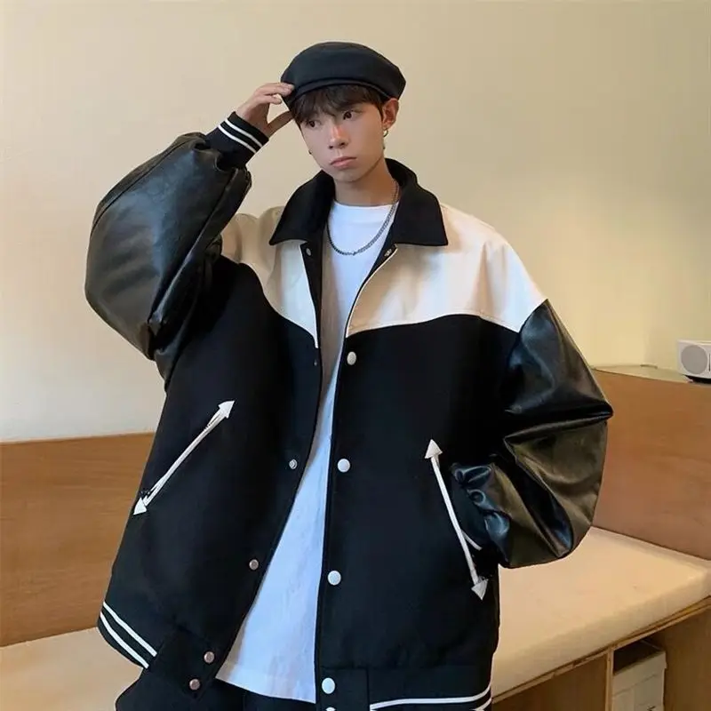 

Vintage PU Leather Patchwork Jacket for Couples Oversized Streetwear Jacket with Edgy Design for Autumn Winter Casual Wear