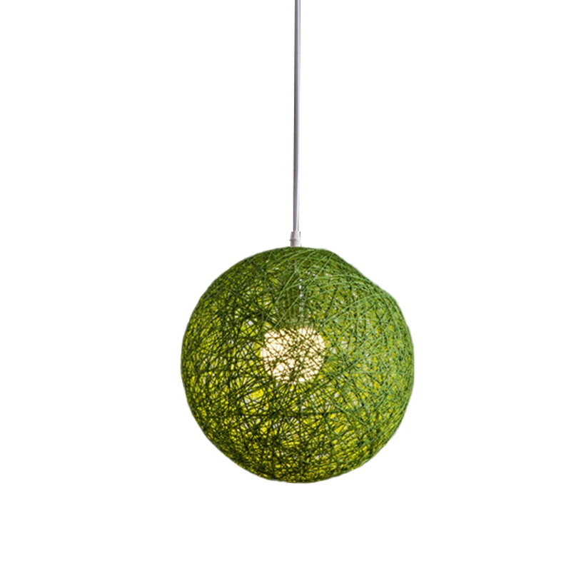 Green Bamboo, Rattan And Jute Ball Chandelier Individual Creativity Spherical Rattan Nest Lampshade