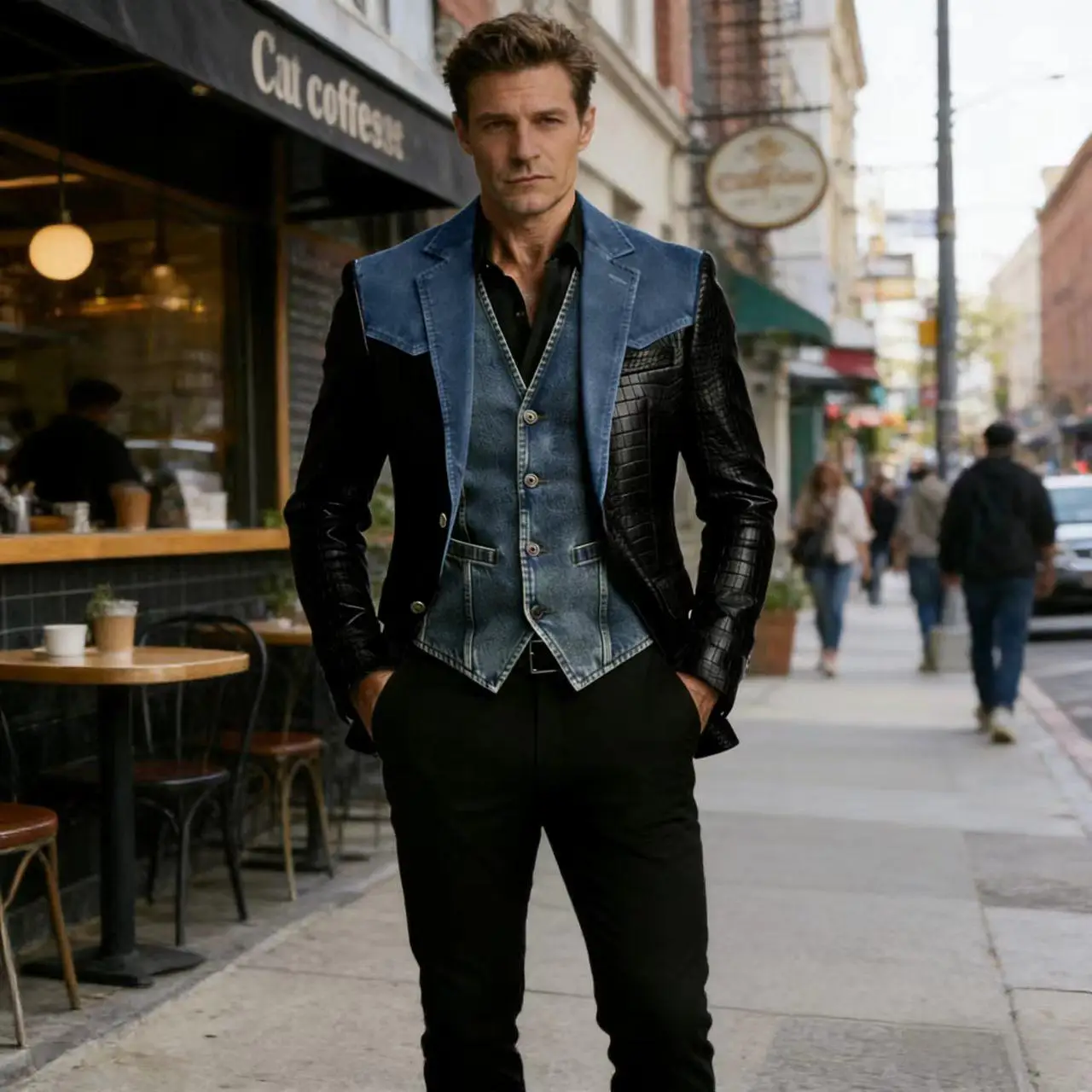 

Men's Patchwork Denim & Crocodile Leather Blazer Two-Tone Western Style Suit Jacket Vintage Casual Fashion Coat