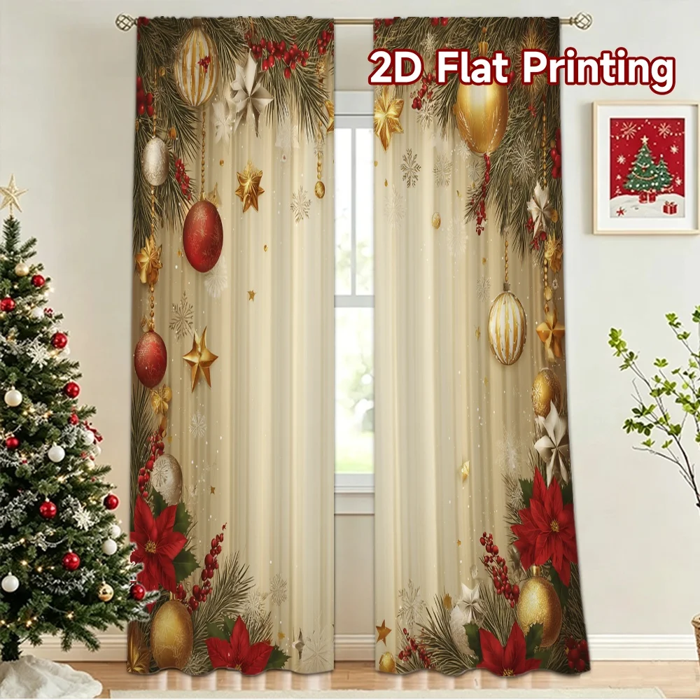 2D flat 2pcs Curtain Retro Country Style Christmas Gold Ornament Durable polyester fiber Birthday Party Perfect for Bedroom
