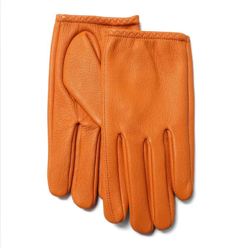 Leather Gloves For Men Winter Male Unlined Elastic Wrist Pure Sheepskin Soft Orange Luvas Arm Warmer Riding Driving Handschuhe