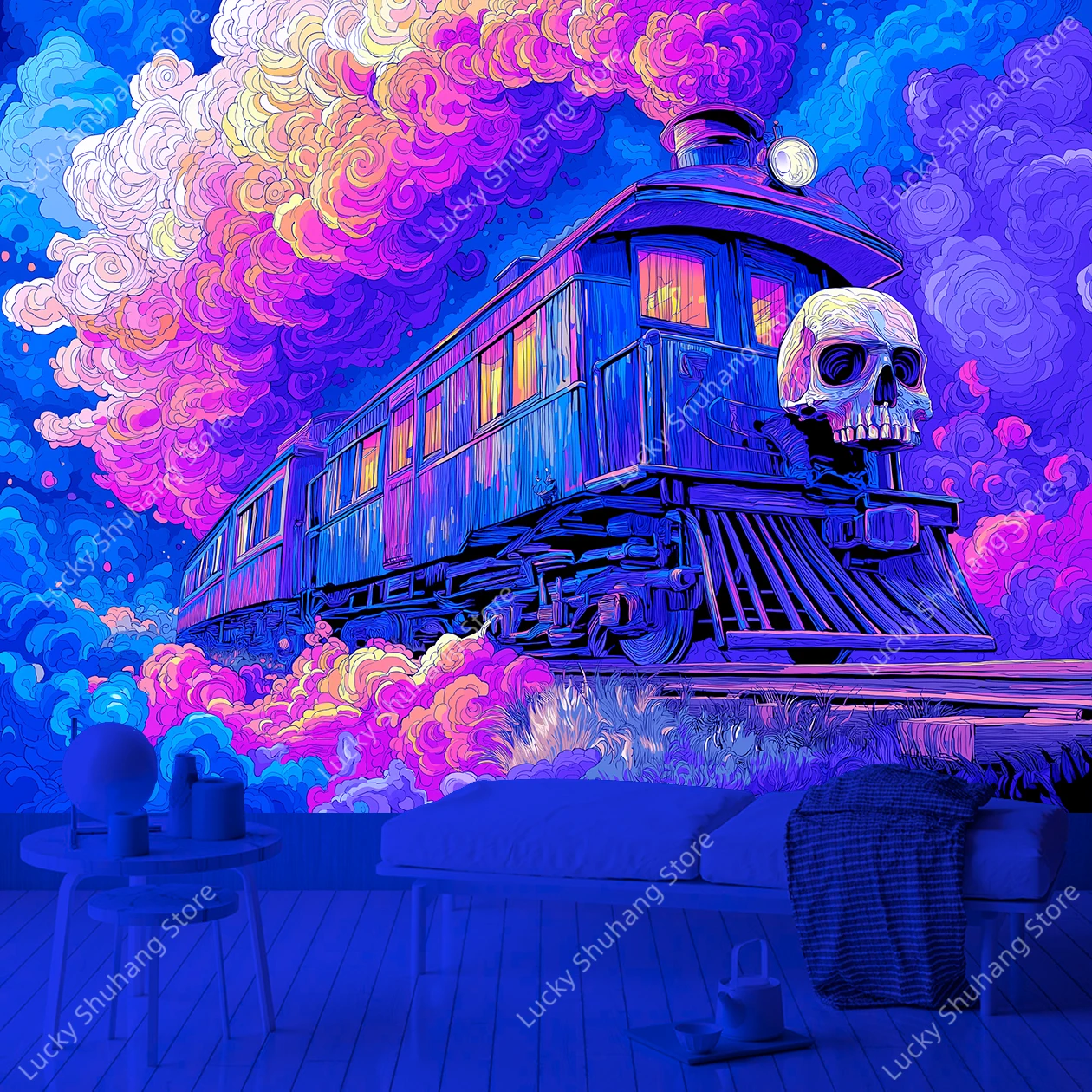 

Psychedelic Vintage Train Skull UV Tapestry Mystical Wall Hanging for Bohemian Bedroom Decor Fantasy Art Hippie Aesthetic Decor