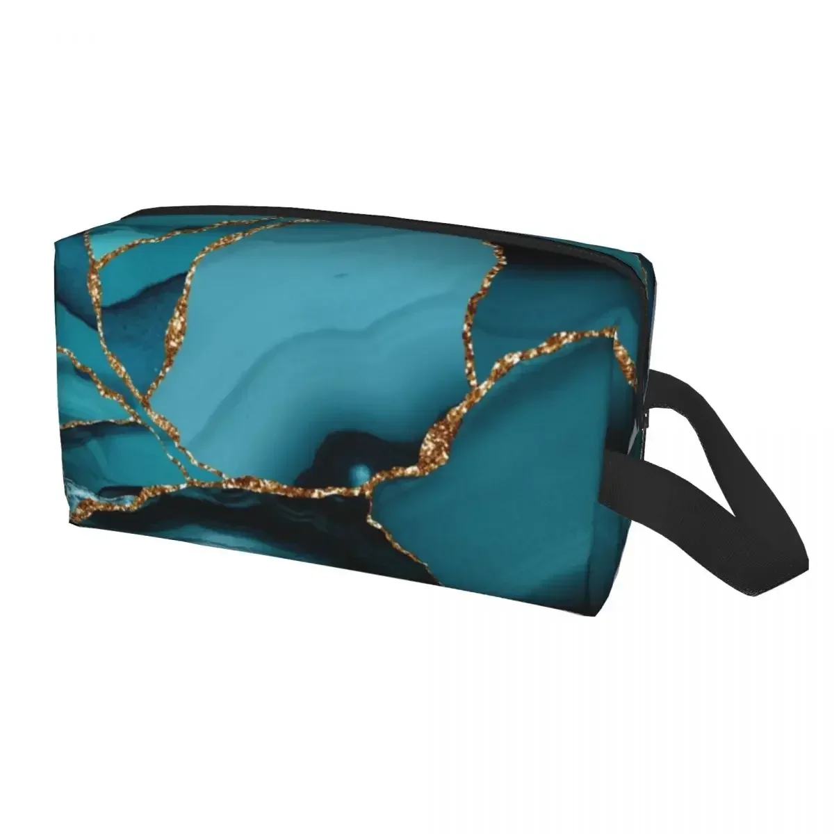 Teal And Gold Marble Landscape Waves Makeup Bag for Women Travel Cosmetic Organizer Fashion Geometric Storage Toiletry Bags