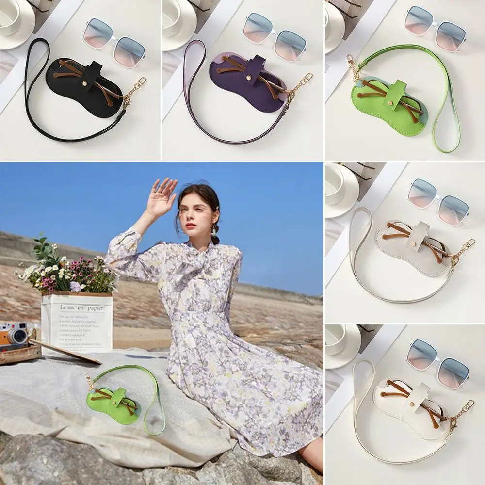 

PU Leather Sunglasses Storage Bag Solid Color with Lanyard Hanging Sunglasses Durable Portable Sunglasses Pouch