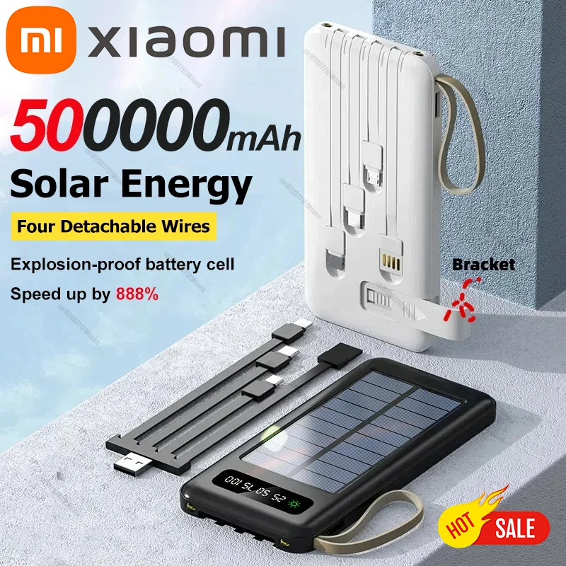 XIaomi Solar Power Bank 200000 мАч, большая емкость, мобильная мощность, быстрая зарядка, аккумулятор, два USB, 4 кабеля для iPhone, Samsung, Huawei