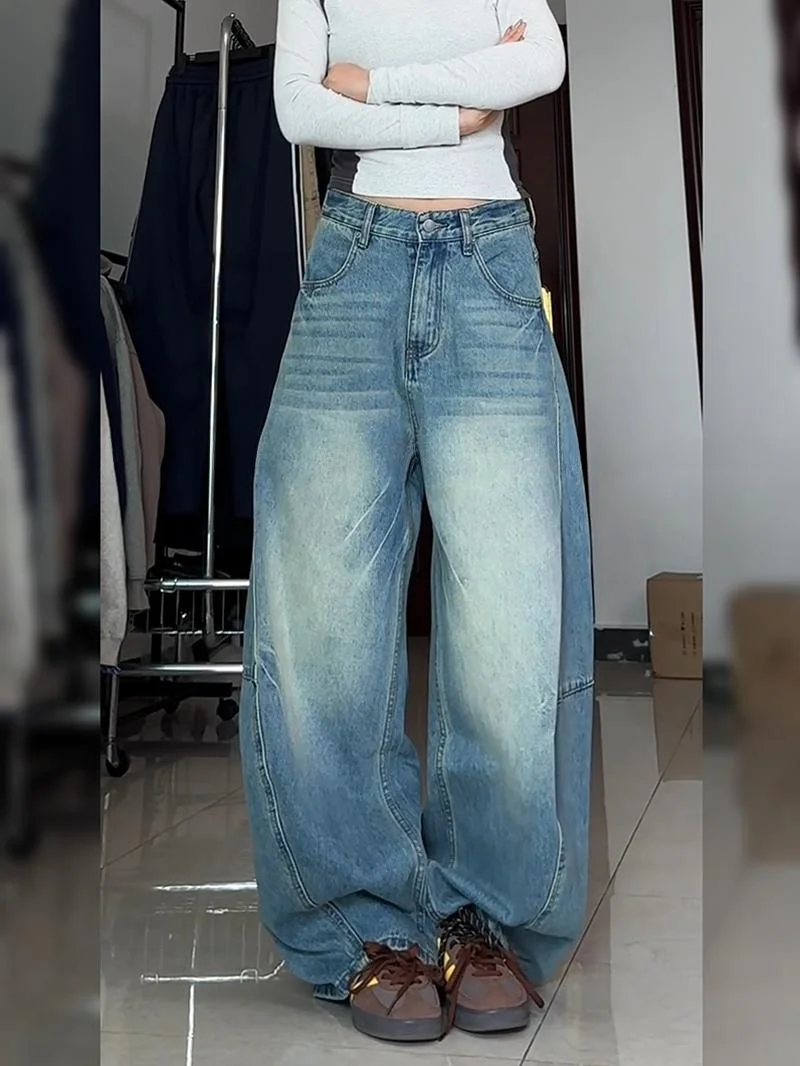

Женские джинсы с высокой талией и широкими штанинами, свободные драпированные брюки в пол, с эффектом потертости, комфортные повседневные брюки