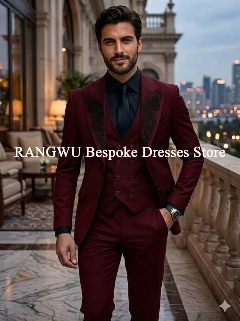 

Dark Red Suits Men For Wedding Appliqued Prom Blazers Customized 3 Pieces Sets Formal Wear Man Party Attires