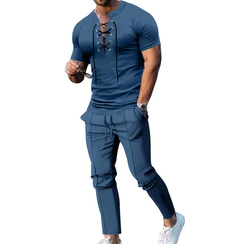 

Casual Solid Tie-up Short Sleeve Shirt Tops And Pants Two Piece Set Men Clothing New Fashion Tracksuit 2024 Summer Male Outfits