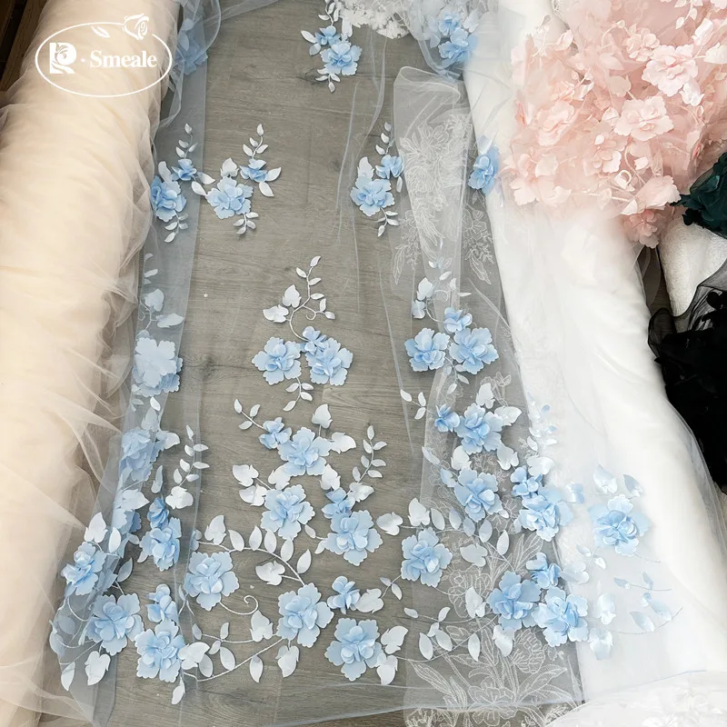 3D Flower Laser Satin Cloth, Lace Wedding Dress, DIY Accessories, Black Fabric, Hand Applique, Mesh Fabric, RS2937