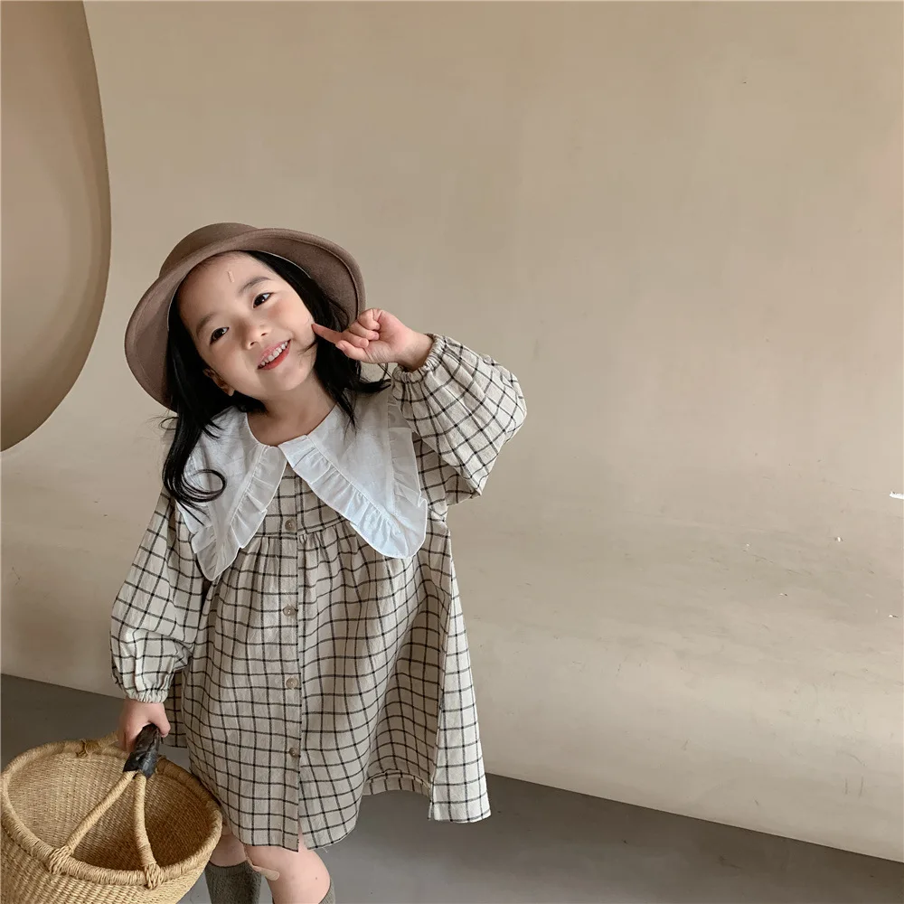 Spring toddler children  Girls\' Clothing Korean Retro Dress costume For kids Girls\' Clothes 1 2 3 4 5 6 T Birthday Plaid Dress