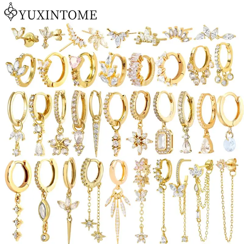 

Women's 925 Sterling Silver Ear Needle Crystal Zircon Water Droplets Stud Hoop Gold Huggie Earrings Premium Luxury Party Jewelry