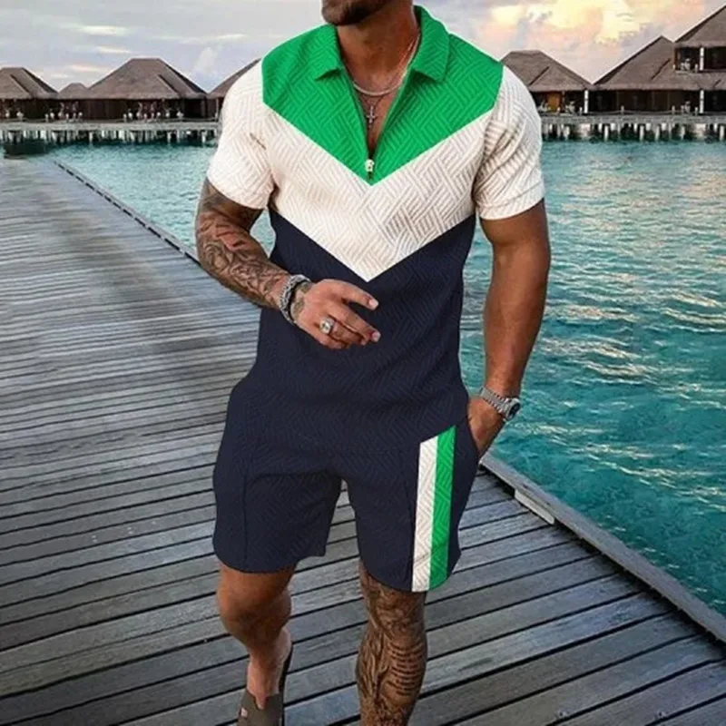 Fashion summer men\'s grid pattern leisure holiday short-sleeved Polo shirt set 3D printed clothing 2 pieces